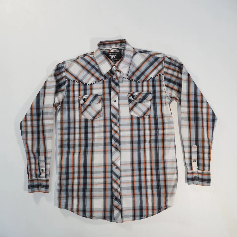 Cowboy Hardware Shirt Boys Extra Large Blue Plaid Pearl Snap Western Rodeo Ranch